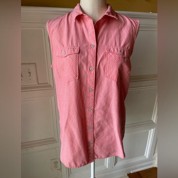 Eddie Bauer Tops - EDDIE BAUER PINK WHITE POLKA DOTS LARGE BLOUSE BUTTON DOWN